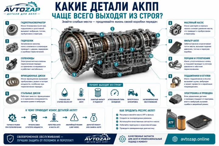 Какие детали АКПП чаще всего выходят из строя?